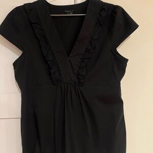 Theory Black Ruffled V-Neck Women's Short Sleeve Top Size Large EUC